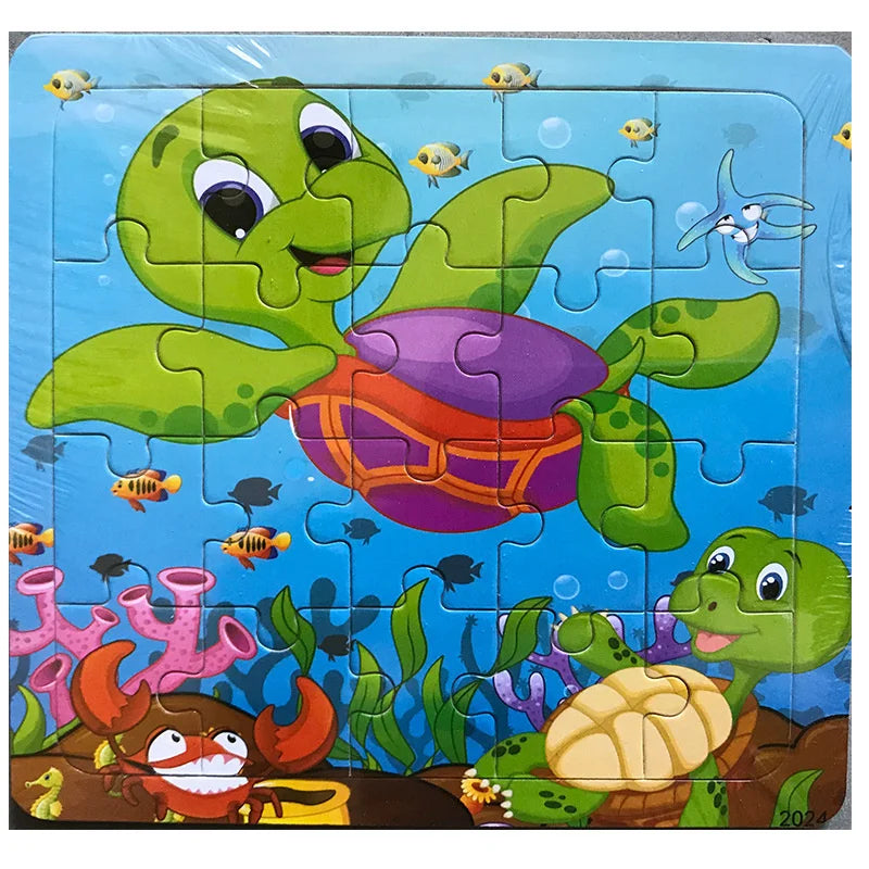 20-Piece Wooden 3D Cartoon Animal & Vehicle Puzzle – Montessori Educational Toy for Kids (1-3 Years)