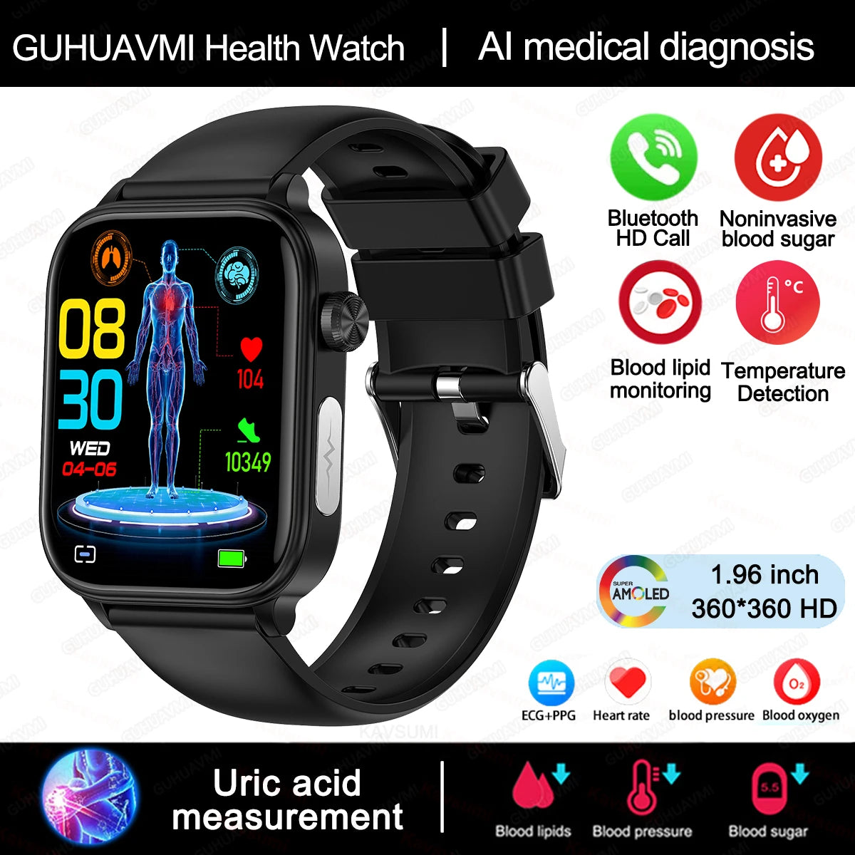 2024 AI Health Smartwatch – ECG+PPG, Blood Glucose, Uric Acid, Lipids, Bluetooth Call