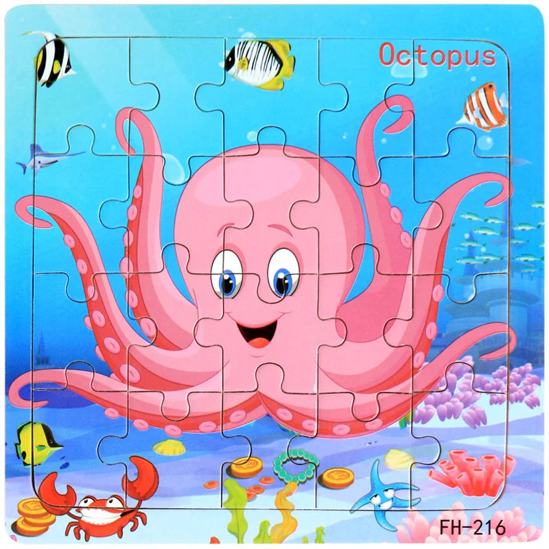 20-Piece Wooden 3D Cartoon Animal & Vehicle Puzzle – Montessori Educational Toy for Kids (1-3 Years)