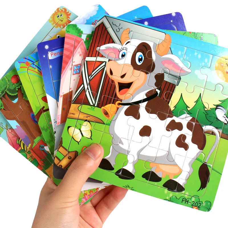 20-Piece Wooden 3D Cartoon Animal & Vehicle Puzzle – Montessori Educational Toy for Kids (1-3 Years)
