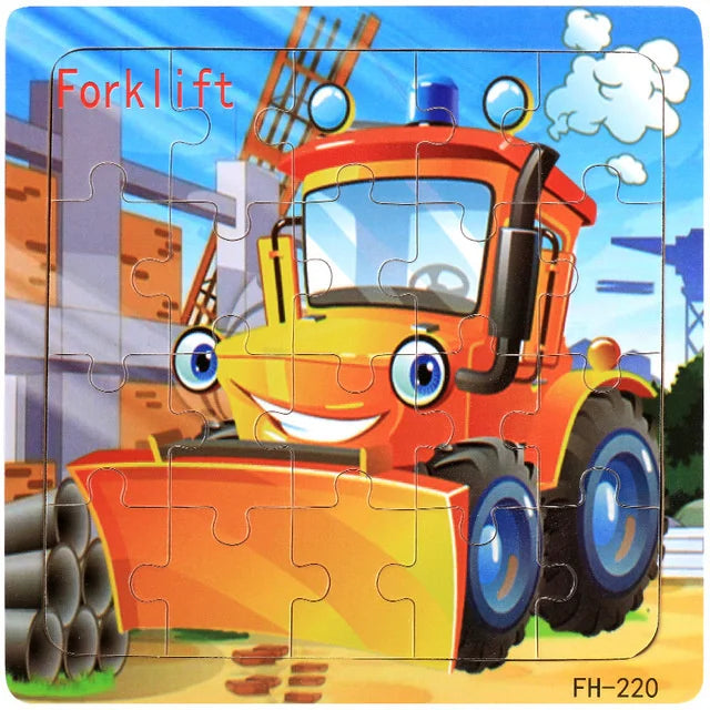 20-Piece Wooden 3D Cartoon Animal & Vehicle Puzzle – Montessori Educational Toy for Kids (1-3 Years)