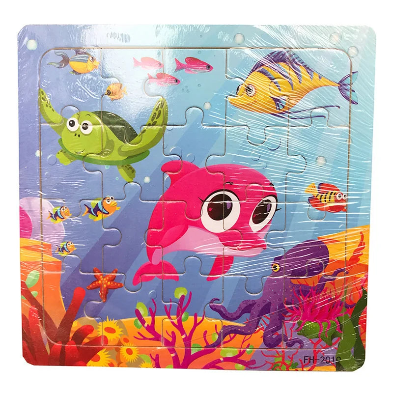 20-Piece Wooden 3D Cartoon Animal & Vehicle Puzzle – Montessori Educational Toy for Kids (1-3 Years)